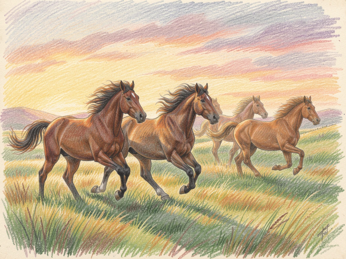 A pastoral meadow where wild horses run free at sunset, bathed in the warm glow of golden-hour light, radiating comfort, joy, and quiet beauty.