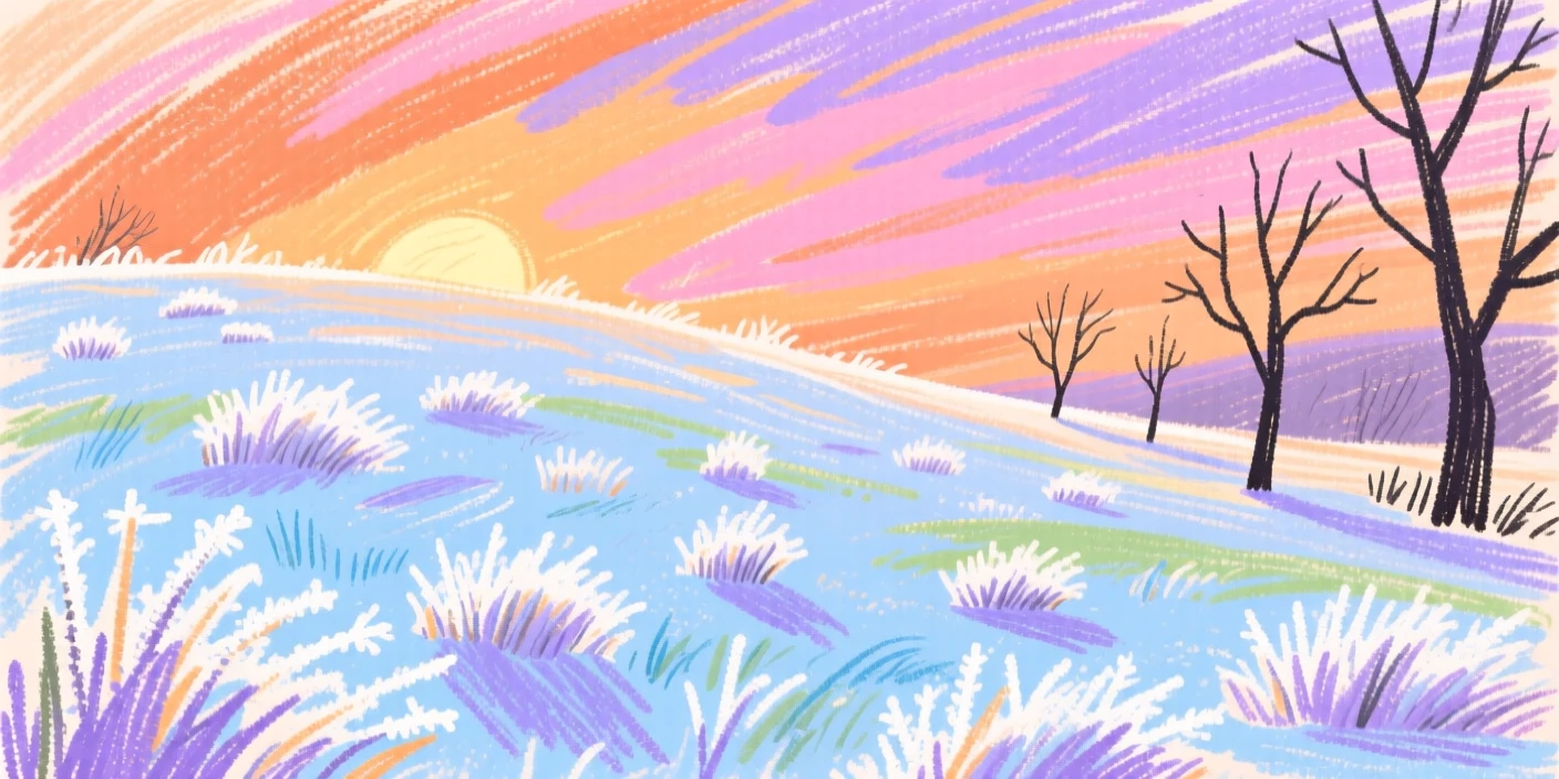 A view of a frost covered meadow bathed in the last light of day.