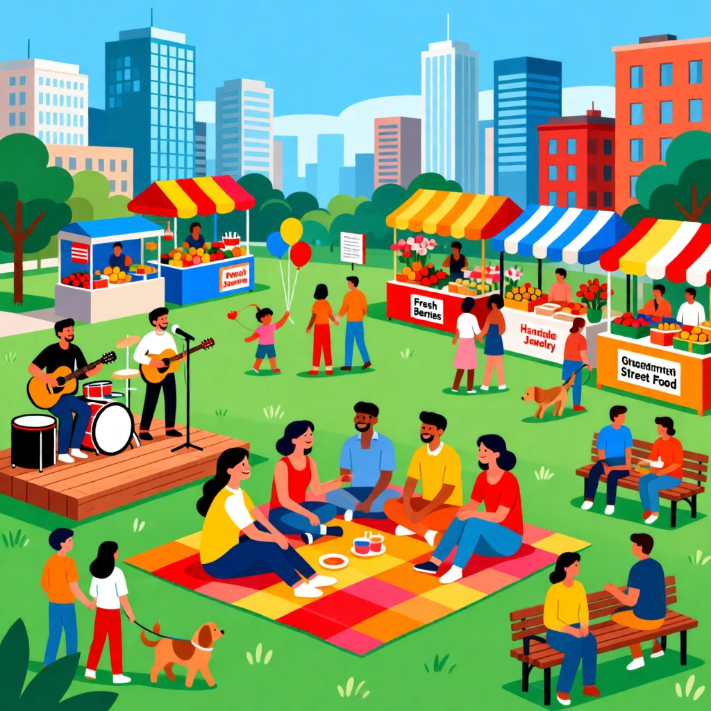 A group of friends enjoying a picnic concert in a city park, set within a bustling, cheerful marketplace, framed with vibrant colors and lively energy, with a sense of community and connection in every detail.