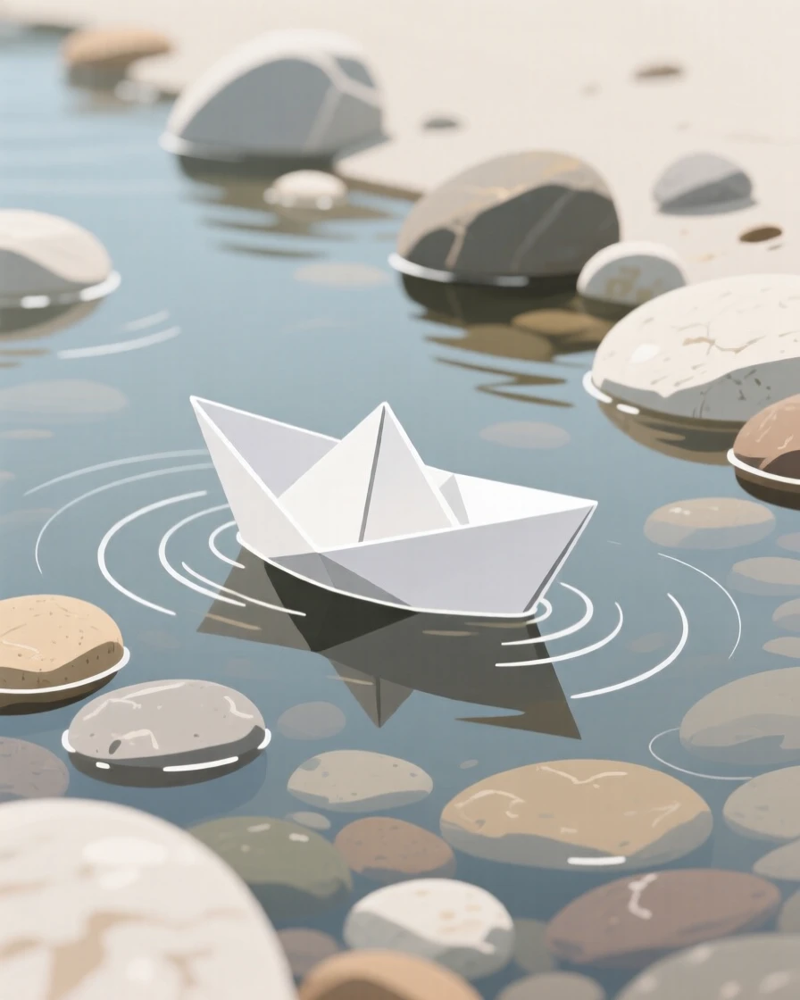 A paper boat drifting past smooth stones in a shallow creek.