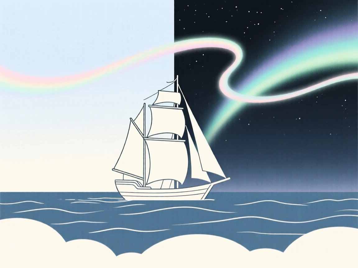 A dreamlike ship sailing across a sea of clouds rising from a horizon where day meets night, filled with ribbons of aurora light, evoking gentle magic.