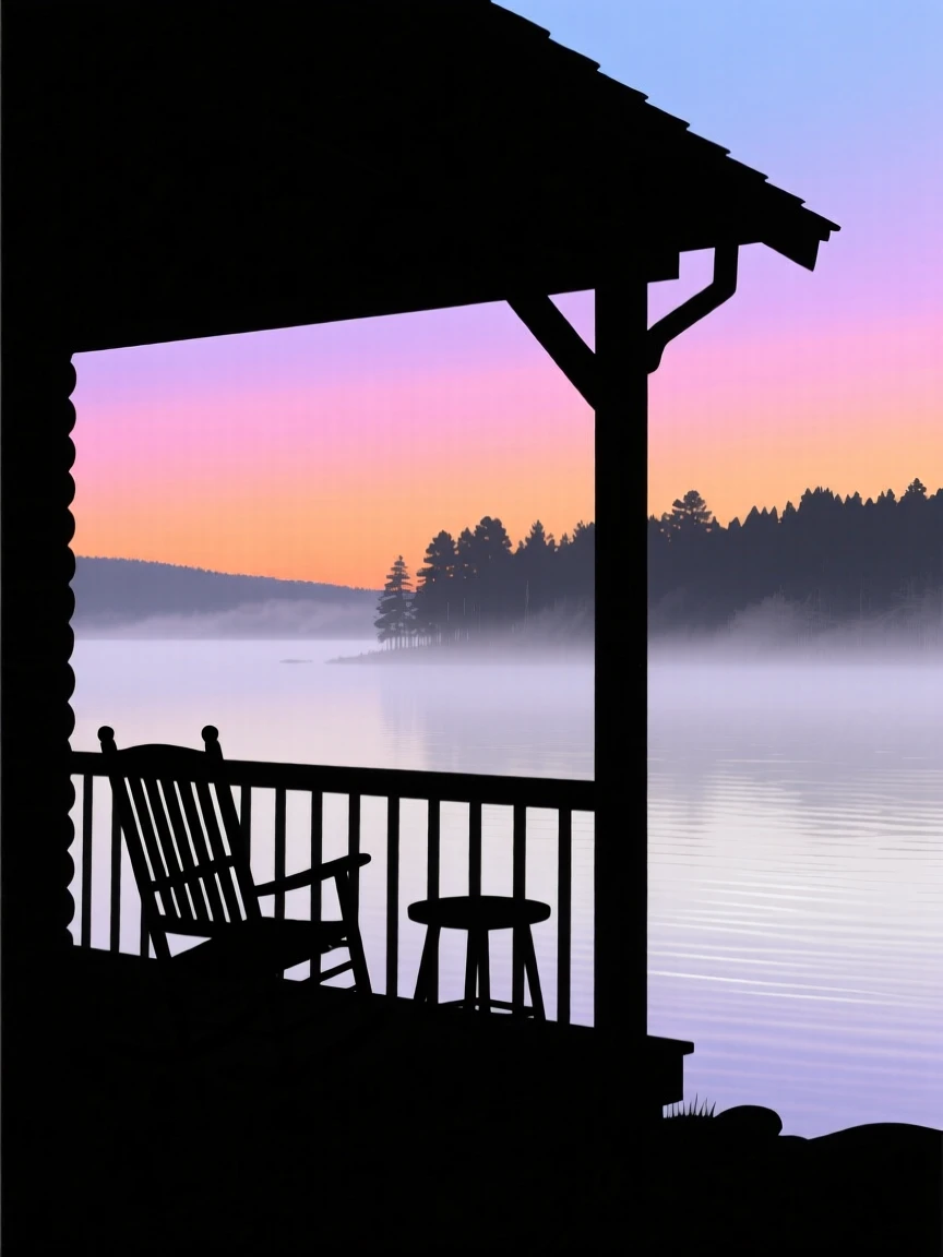A quiet cabin porch overlooking a lake wrapped in early morning fog.