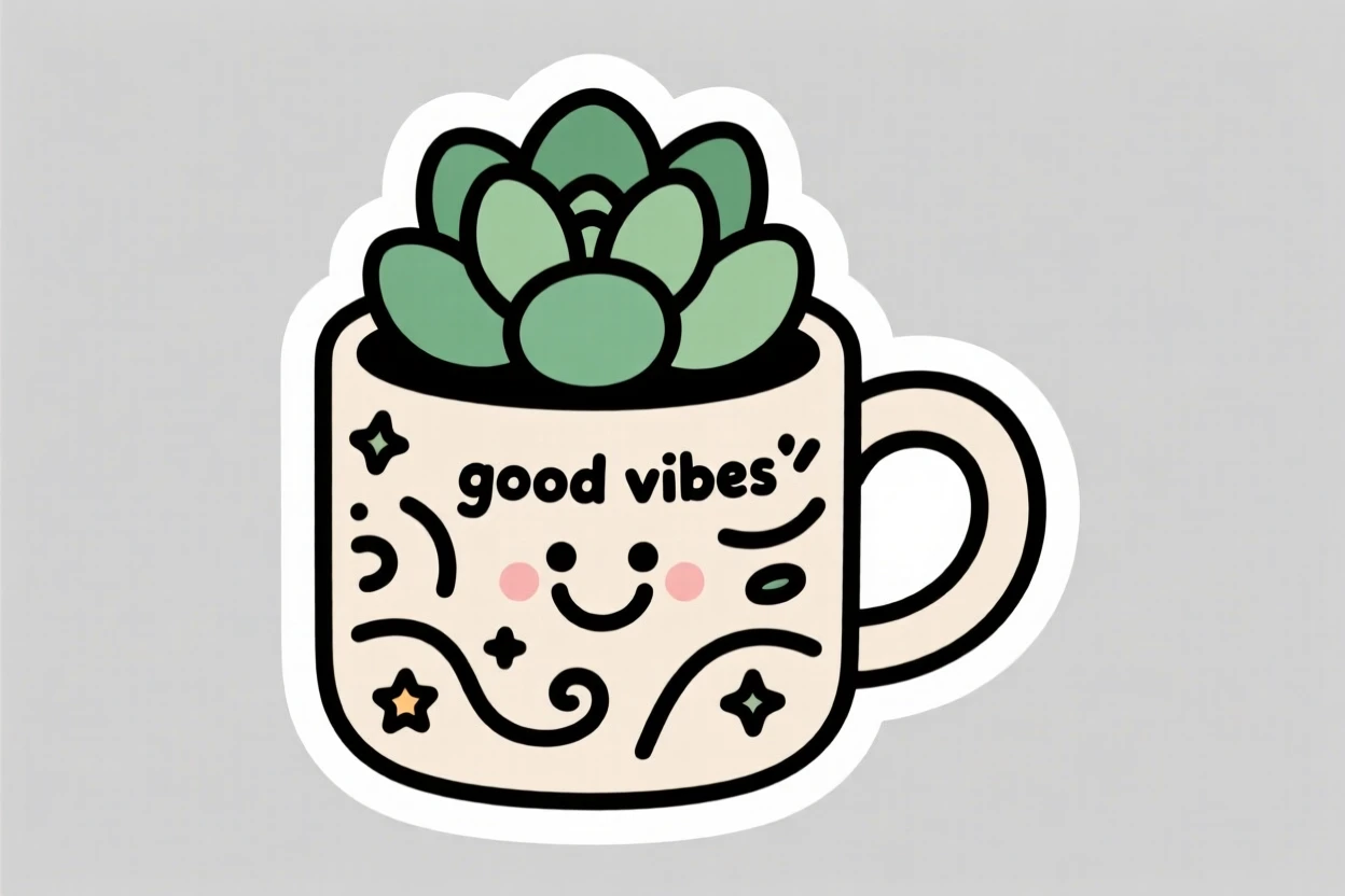 An effortlessly charming tiny succulent in a mug that says good vibes without using real text, bringing an instant smile to anyone who sees it, a scene made for smiling at your screen.