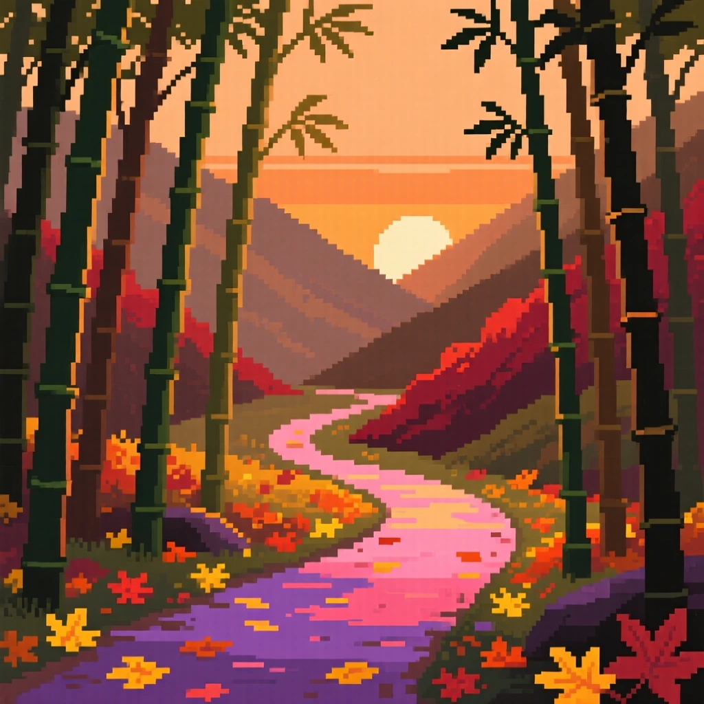 A bamboo forest path reflecting the colors of a setting sun, within a valley covered in autumn color.