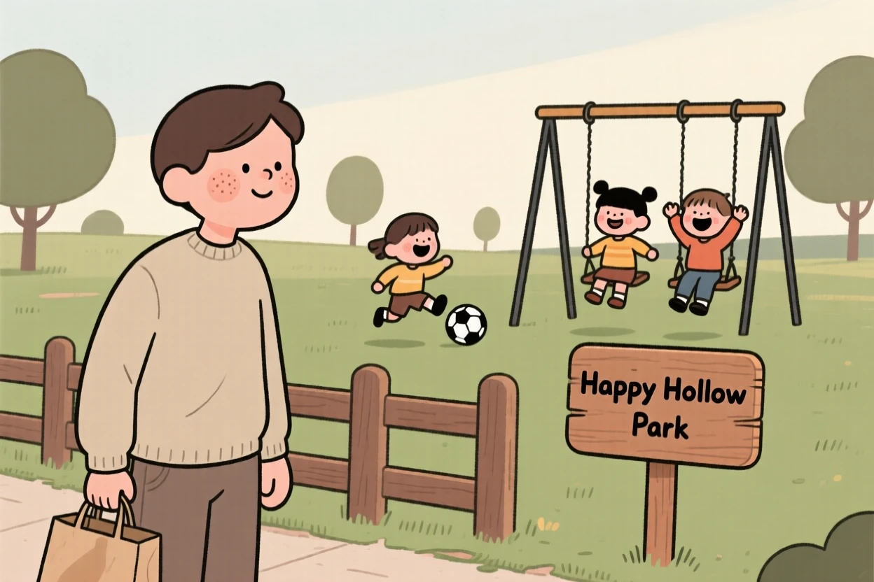 A tired commuter pauses mid-chores to watch children laughing in a nearby park, a small smile crossing their face at the simple beauty of it.
