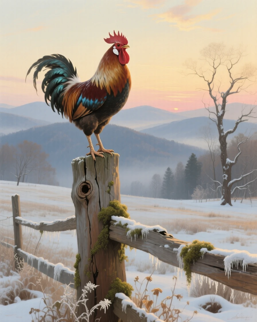 A grand panoramic scene of a proud rooster crowing atop a weathered fence post at sunrise, in the quiet stillness of midwinter, in the Appalachian mountains.