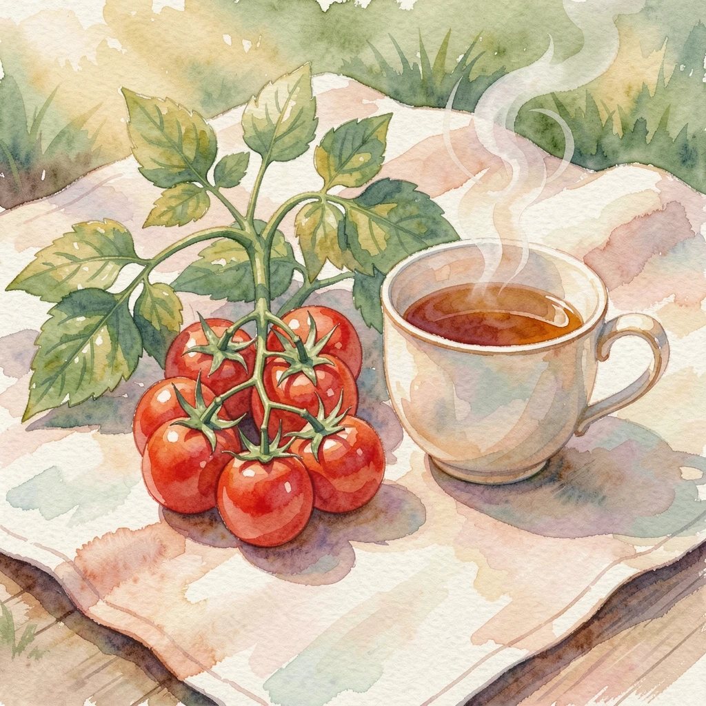 A spray of cherry tomatoes on the vine with leaves on a picnic blanket beside a cup of tea.