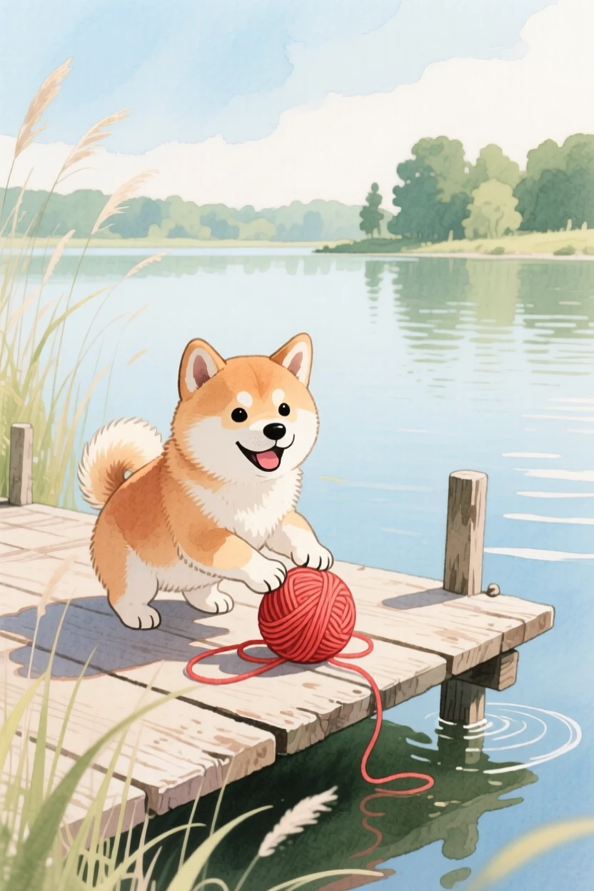 A Shiba Inu puppy plays with a ball of yarn in a quiet lakeside dock, while a gentle breeze stirs the grass