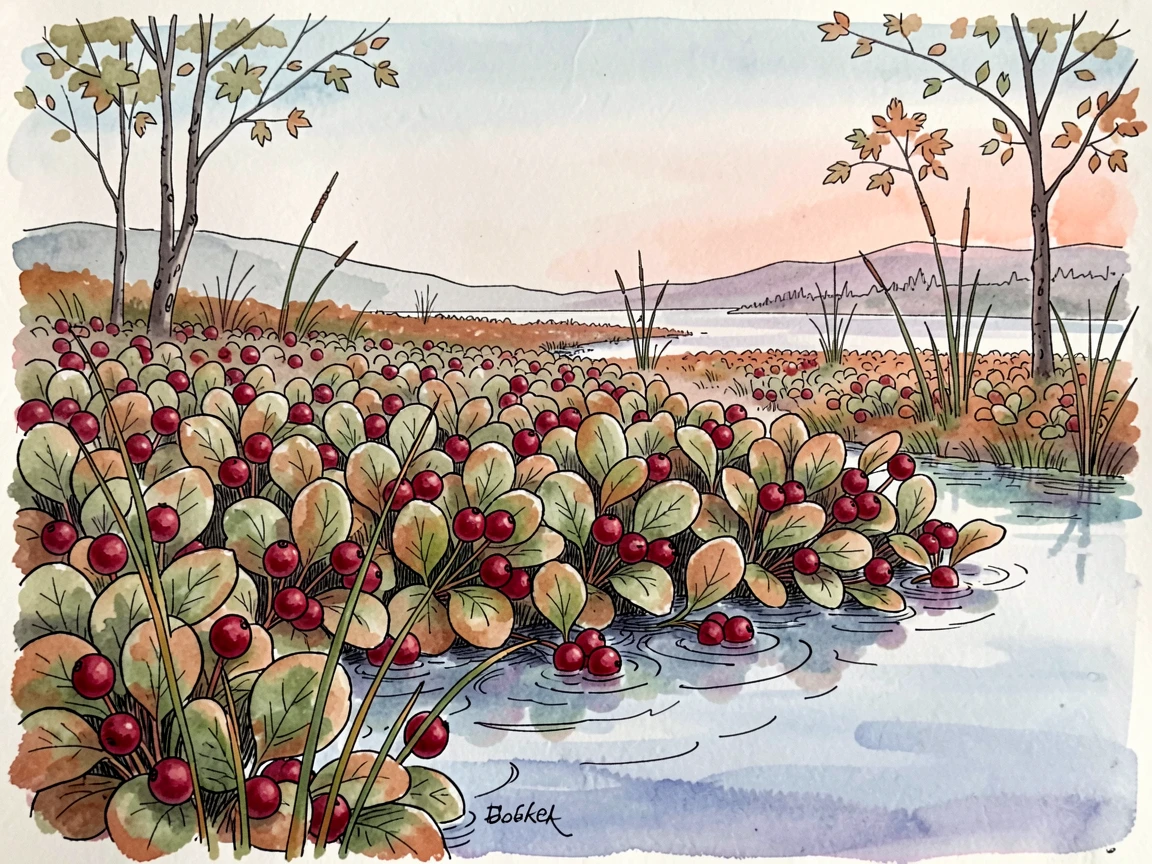 A quiet cranberry bog glowing crimson in early autumn, the scene bathed in the soft blue light of early dawn.