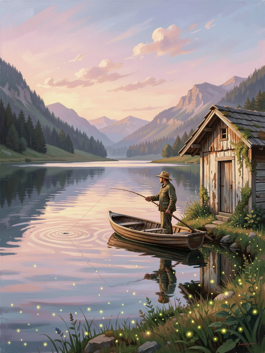 A perfectly still alpine lake, a lone fisherman casting a line from a small boat, beside an old wooden boathouse, on a calm summer evening, fireflies rising from the banks.