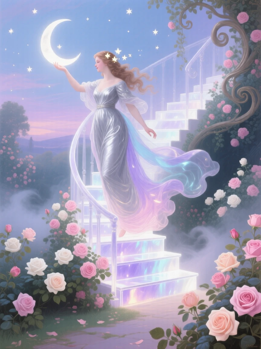 A moon goddess descending into a rose garden on a staircase of light  