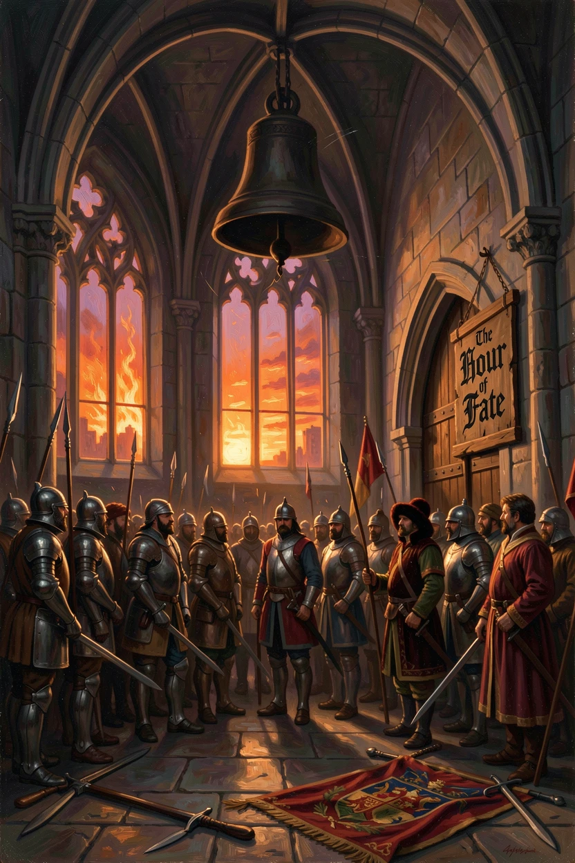 An army gathers in the great hall of a castle silhouetted against a blazing sunset as the castle bell tolls the hour.