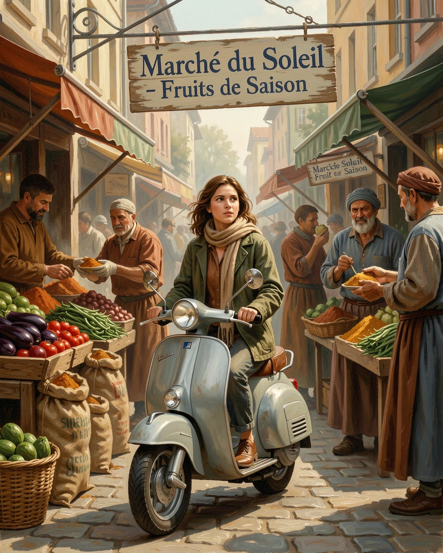 A traveler riding a scooter through a bustling, colorful street market, as the thrill of discovery radiates through the entire composition, radiating the thrill of seeing the world's most incredible places