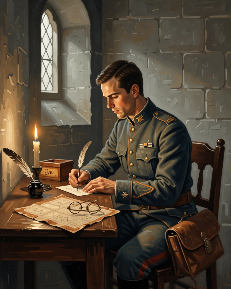 A soldier writing a letter home by candlelight holding perfectly still in contemplative silence, set in a candlelit chapel side room, with tools of the trade arranged carefully within reach; warm and cool tones contrast to separate figure from background, radiating warmth, humility, and lived experience.