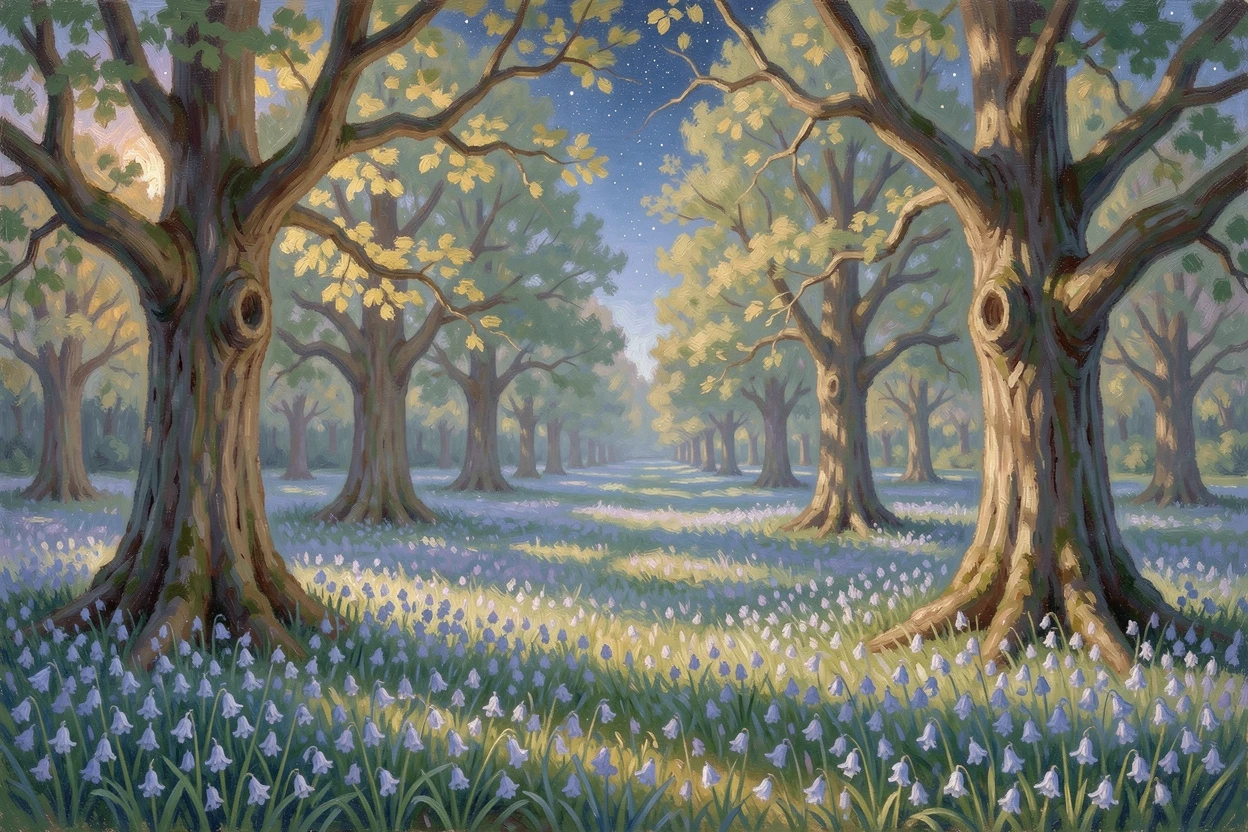 A quiet forest clearing with a carpet of bluebells stretching between ancient oak trees in dappled spring light, under a canopy of stars, capturing a fleeting moment of pure happiness.