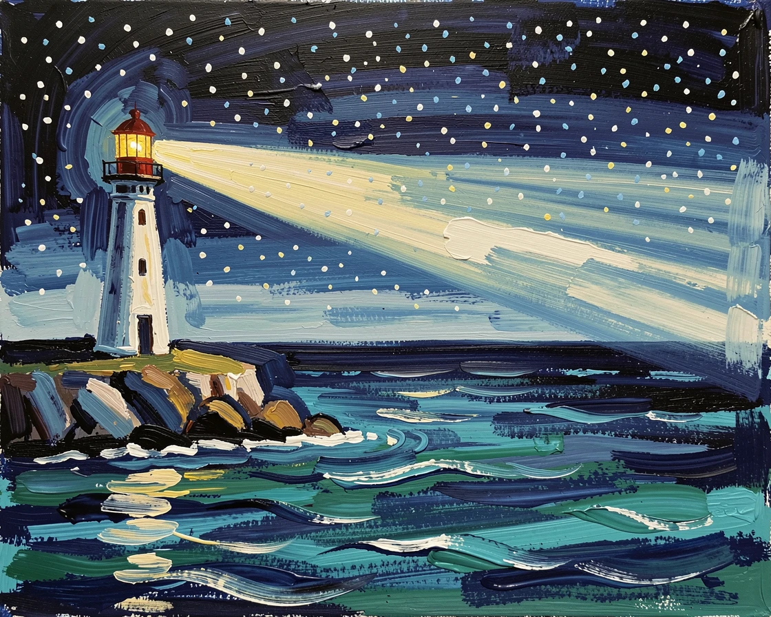 A solitary lighthouse beam sweeping across a calm sea beneath a star-filled sky.