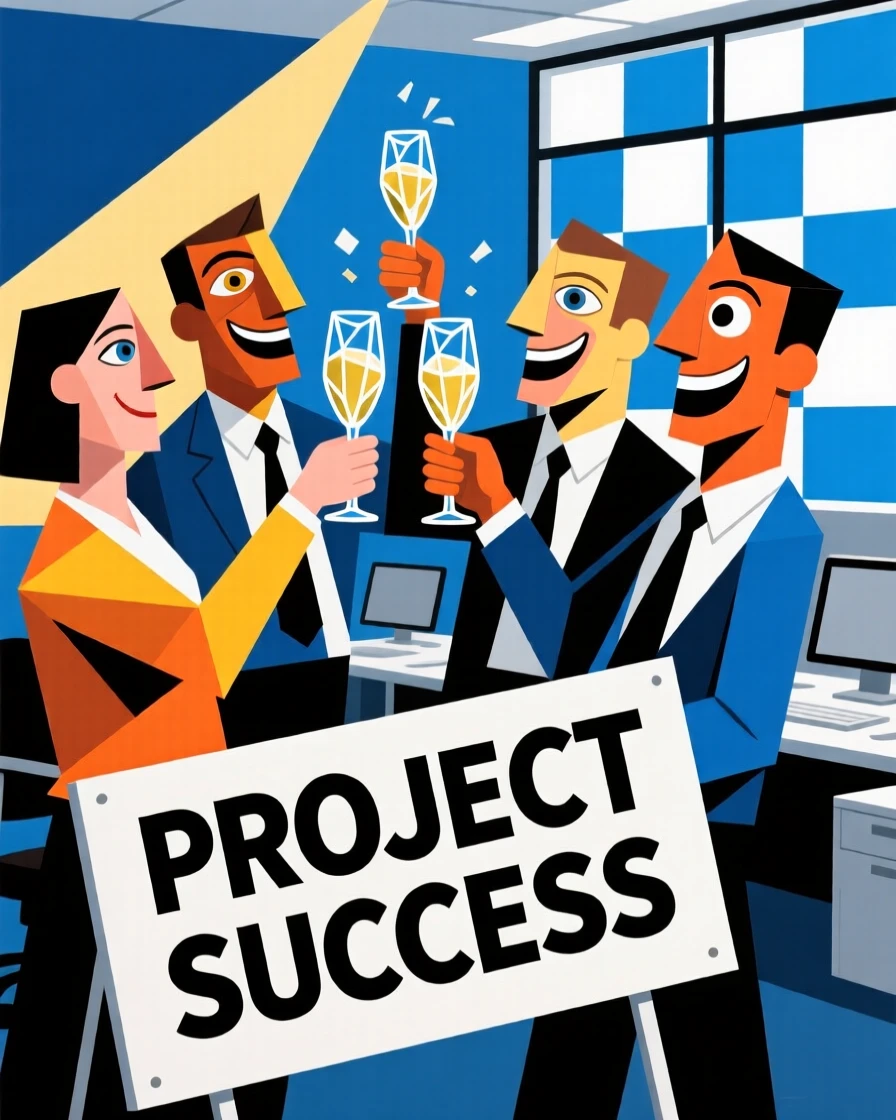 A group of coworkers celebrating a project's success with a toast at the office.