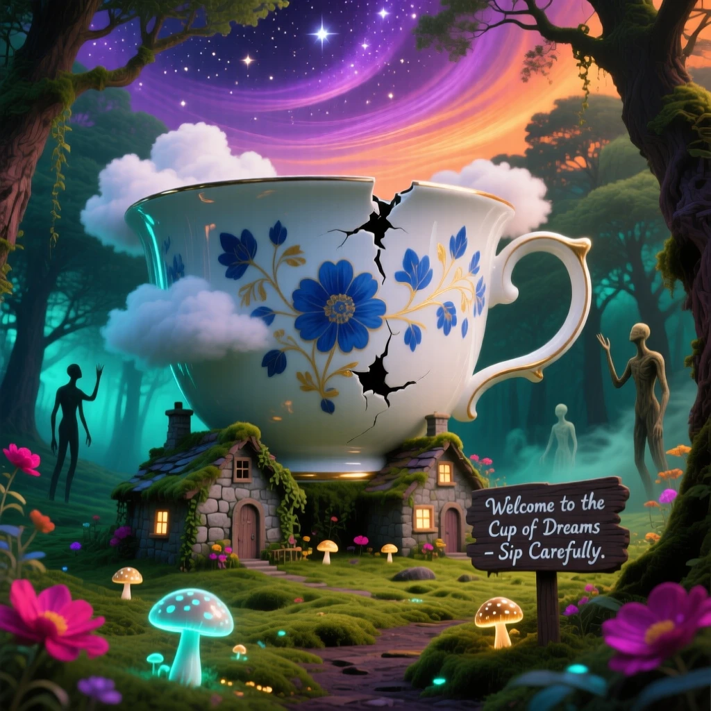 A giant teacup resting in the middle of a quiet forest clearing towers silently over a scattering of small stone cottages, as clouds drift slowly through gaps in its structure.