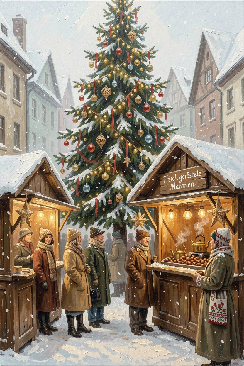 A snowy Christmas market glows with wooden stalls selling ornaments and roasted chestnuts beneath a towering illuminated tree, small cultural details woven throughout the scene, grounding it in a specific time and place.
