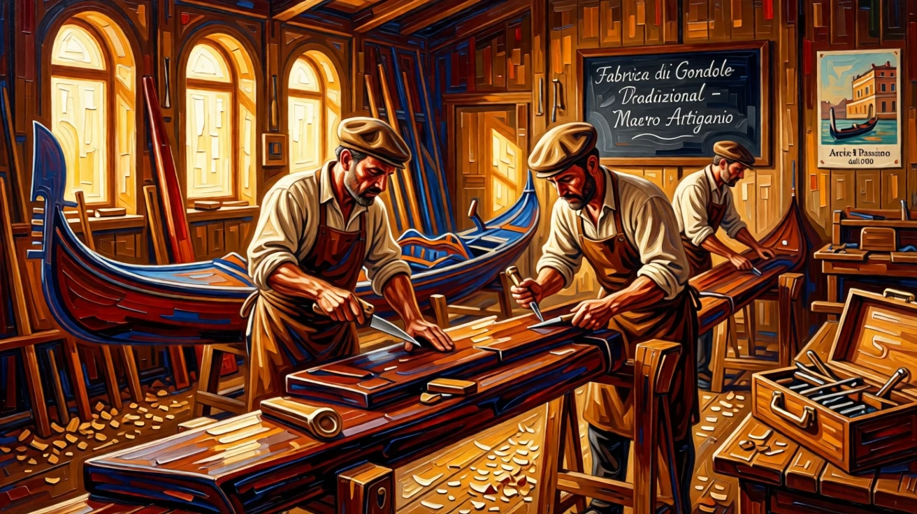 A traditional gondola workshop in Venice where craftsmen shape wood by hand