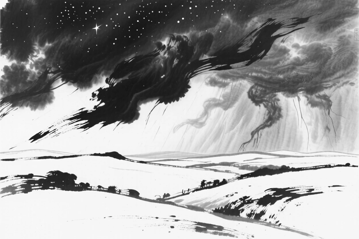 Storm clouds gather ominously over a wide open valley, as the first stars begin to appear overhead.