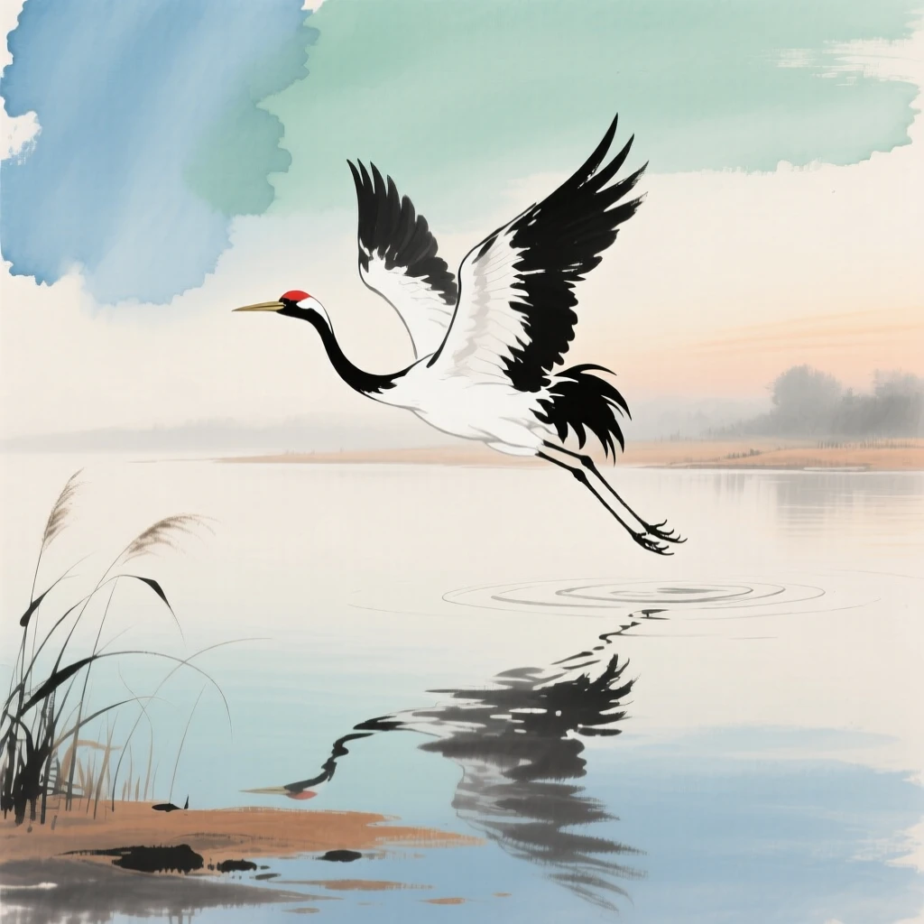 A lone crane taking flight over a still lake at dawn, filled with tranquil stillness.