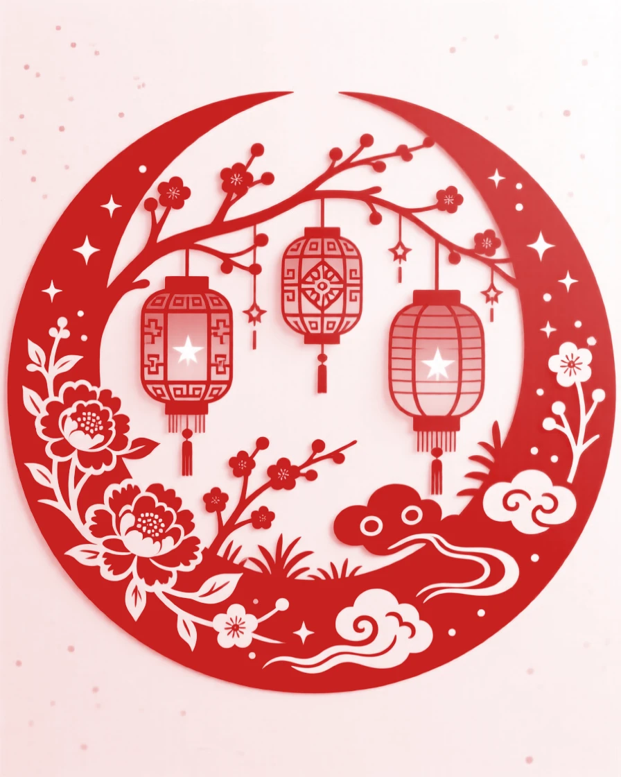 A garden of glowing lanterns, suspended between twin crescent moons, shimmering as if woven from starlight itself.