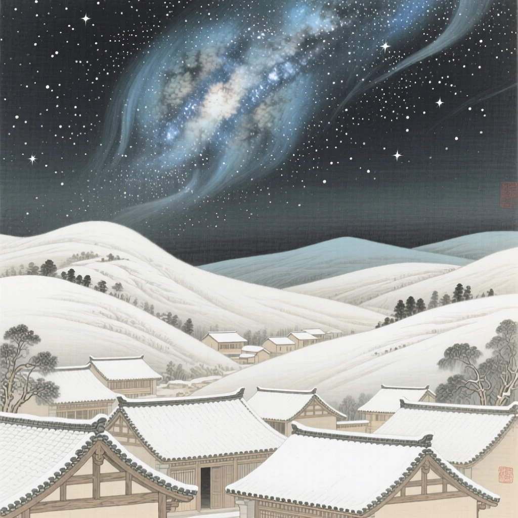 The milky way stretching over a quiet valley, over rooftops dusted with fresh snow