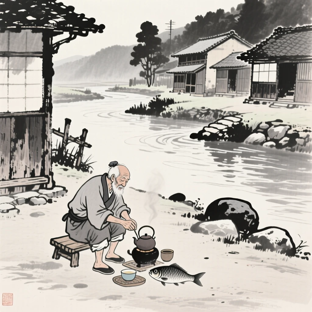 An old fisherman preparing tea in a quiet courtyard in a small riverside village, composed with soft light falling across the scene, capturing an everyday moment full of gentle humanity.