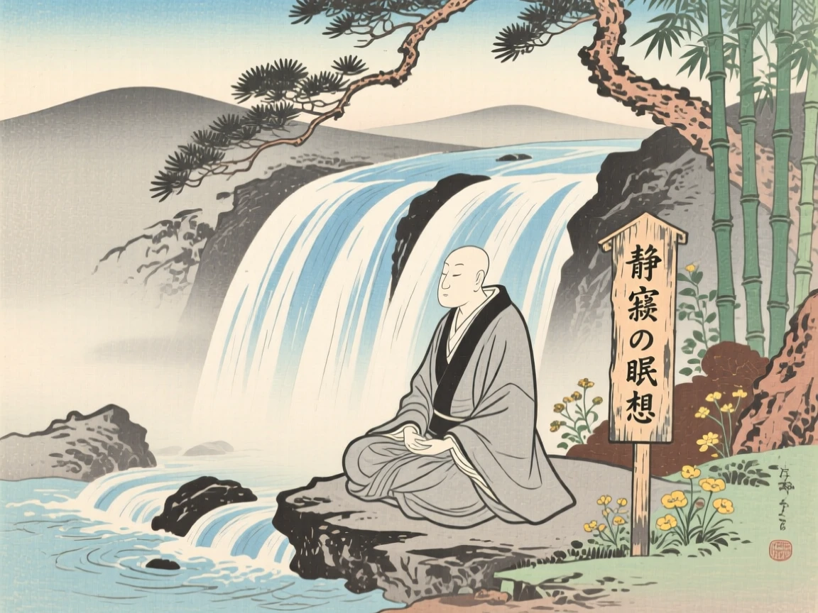 A meditating figure sitting in stillness beside a waterfall, beneath layers of soft morning haze.