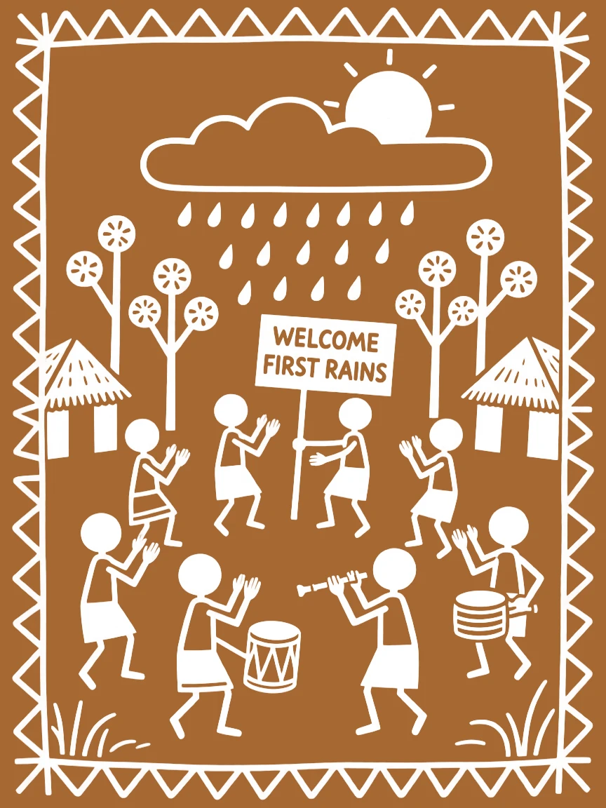 Villagers gathering to welcome the first rains after a long dry spell.