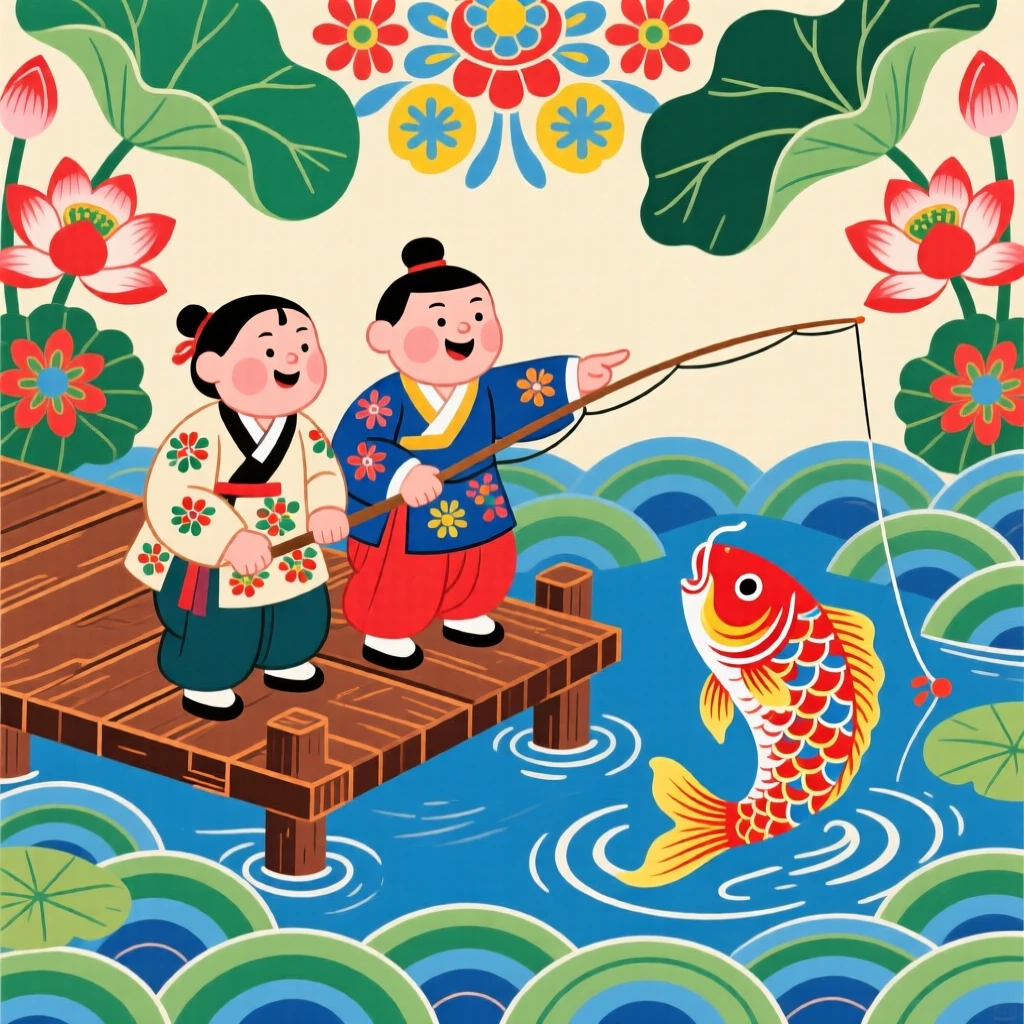 Two friends fishing together from a small wooden dock.