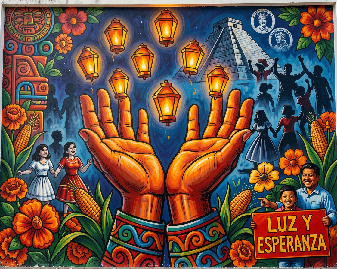 A pair of open hands releasing glowing lanterns into the night sky