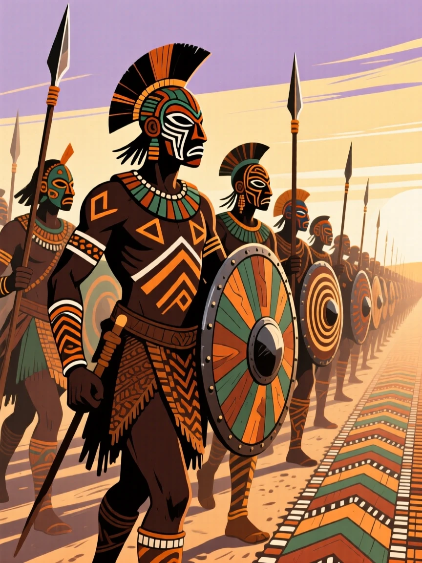 A line of warriors marching in formation at dawn.