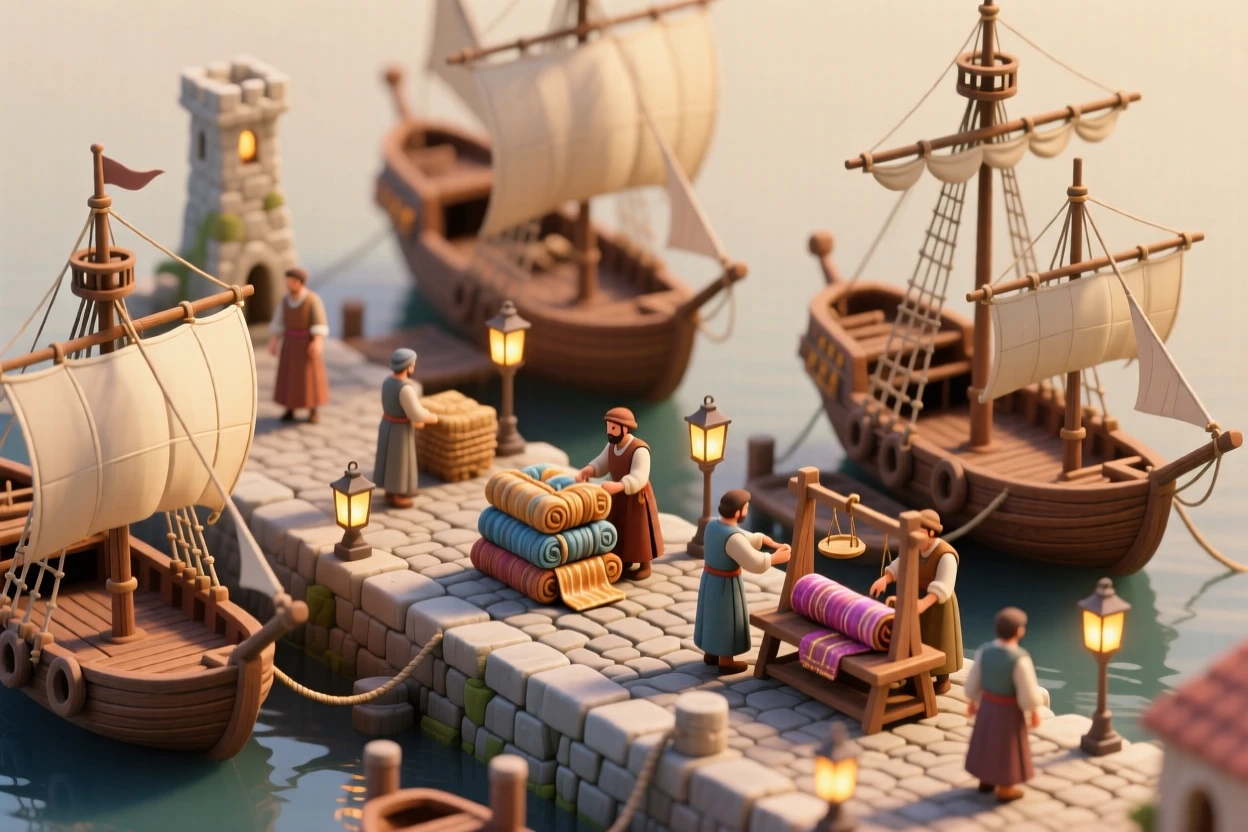 A medieval Genoese trading harbor with galleys docked, merchants weighing silk, and lanterns glowing along the stone quay.