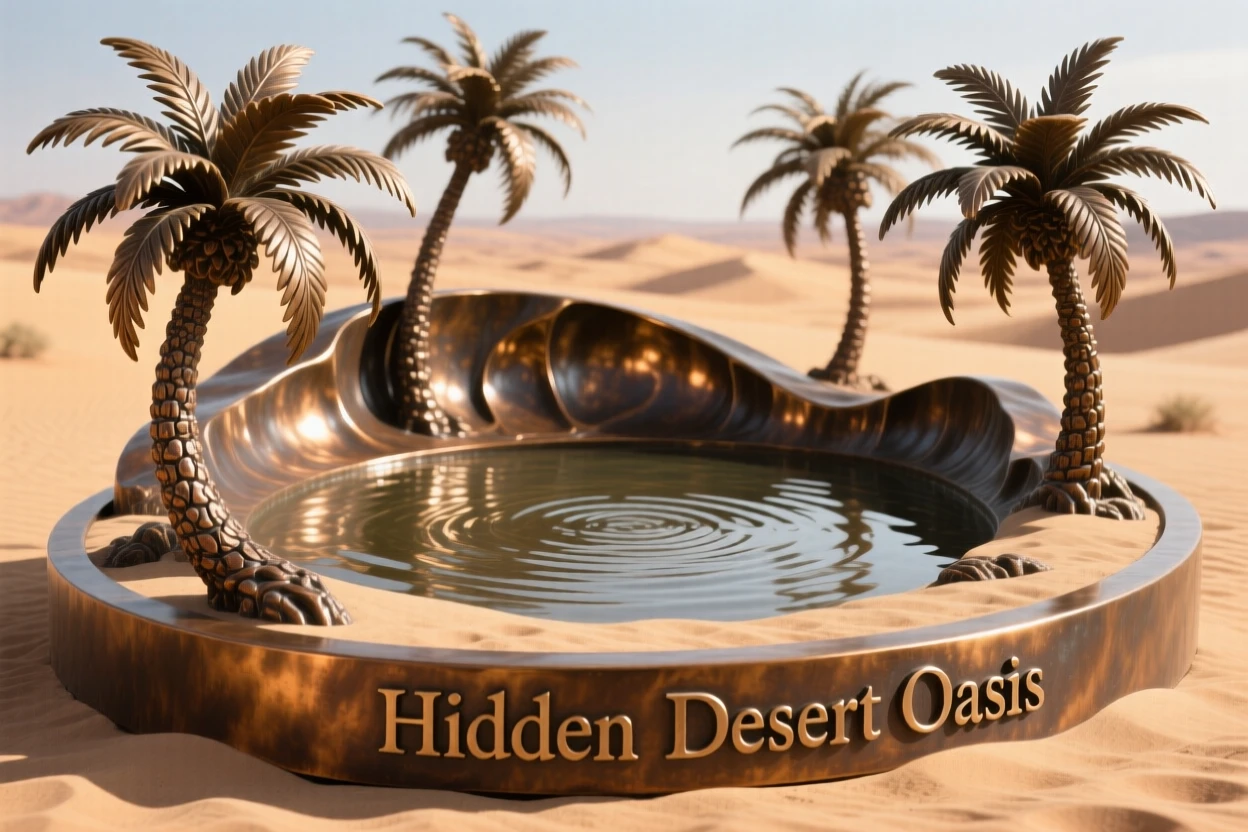 A hidden desert oasis ringed by swaying palms, rendered in vivid, atmospheric detail, offering a breathtaking sense of place