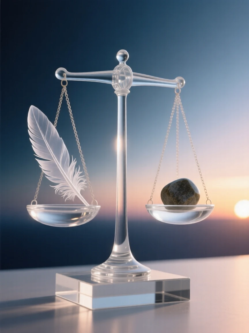 A set of scales balanced perfectly between a feather and a stone, beneath a horizon glowing with the first light of dawn