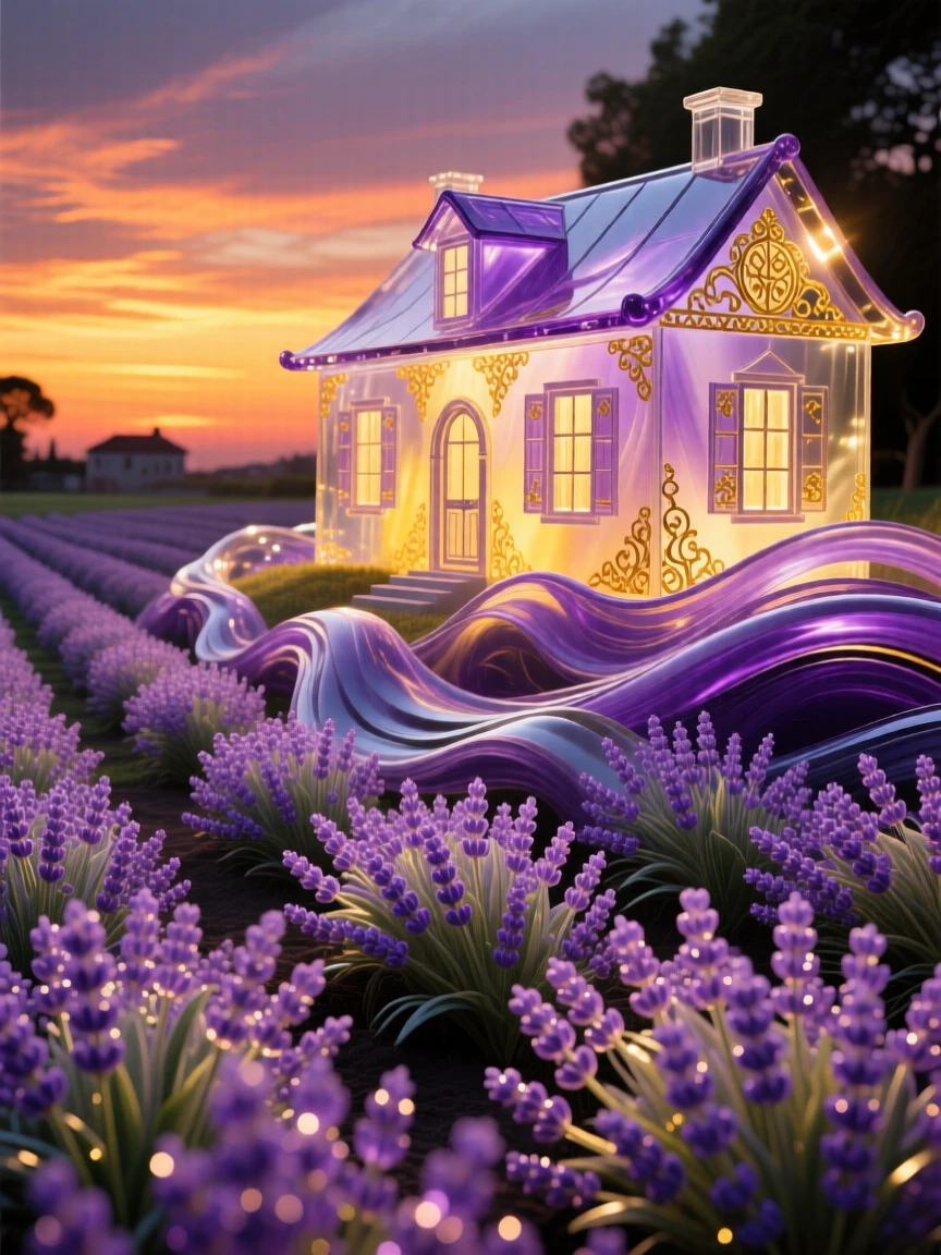 A field of blooming lavender rows leading toward a glowing farmhouse at the very height of dusk, calming and picturesque.
