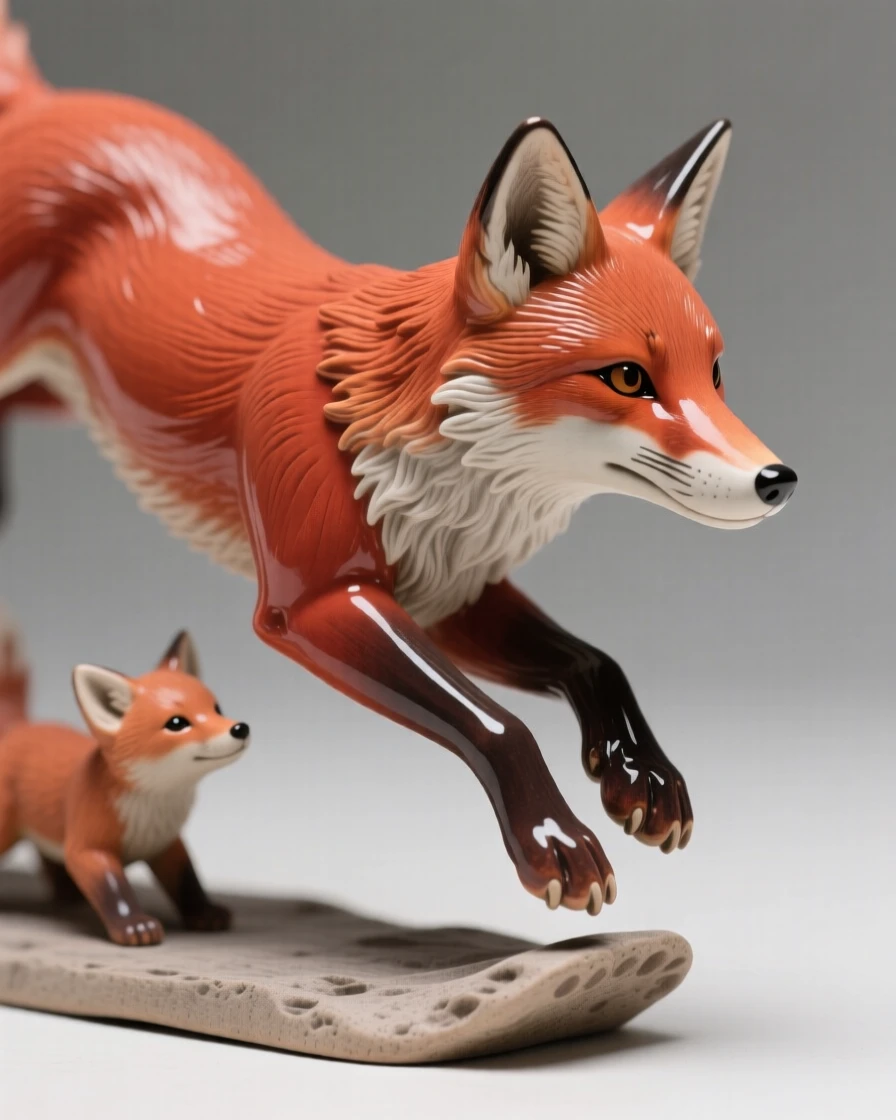 A red fox caught in a playful leap, with one paw raised mid-step, suggesting a deep bond between mother and young.