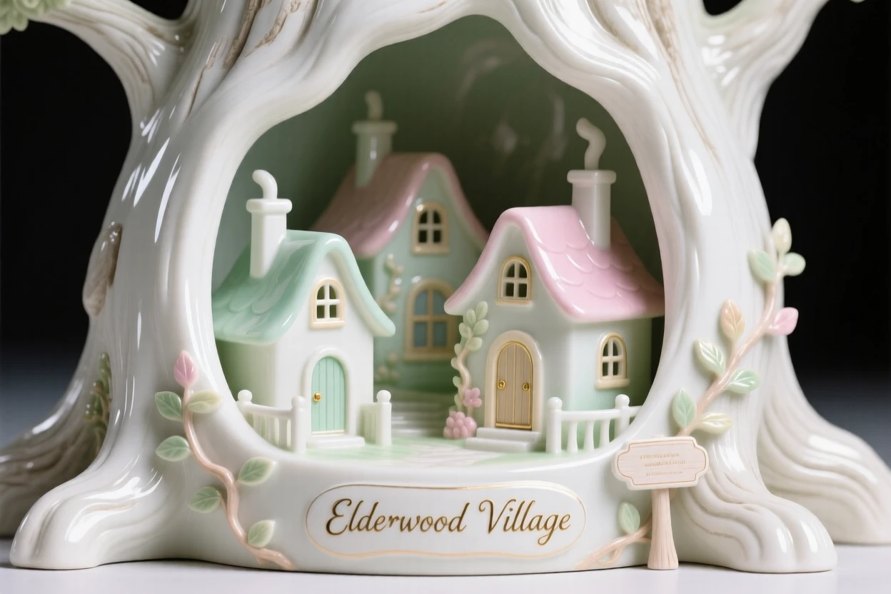 An imaginative vision of a village built inside the hollow of an ancient tree, rendered with a sense of calm, magical realism.