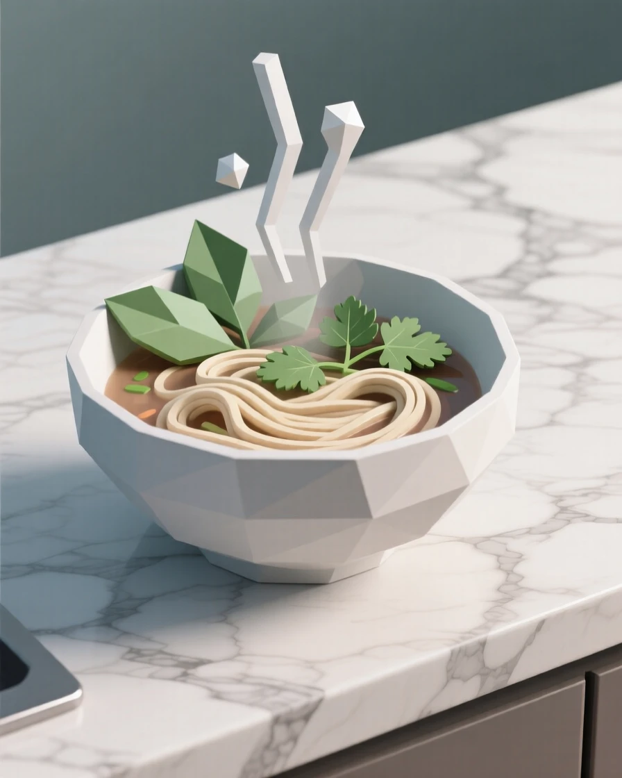 A bowl of steaming pho with fresh herbs, on a marble countertop. a shallow depth of field keeps focus on the food. The mood is fresh and appetizing.