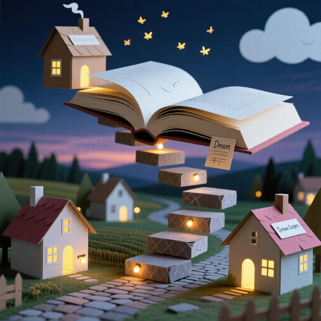 A path of giant stepping-stone books drifting silently over a sleeping village, with tiny lights glowing from within, evoking dreamlike wonder and imagination.