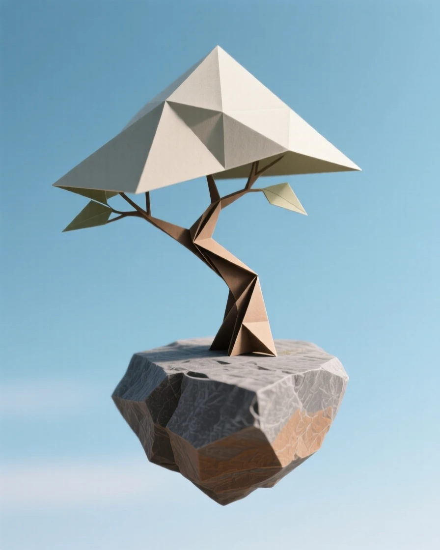 A single tree growing sideways out of a floating rock suspended in open sky.