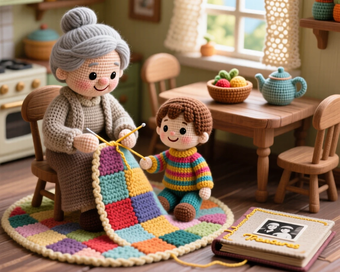 A heartwarming family moment: a grandmother and grandchild making a quilt together with fabric squares spread around them, stitching the final patch into place within a bustling family kitchen on a weekend morning; a worn but beloved family photo album nearby, full of deep, unconditional love and togetherness.