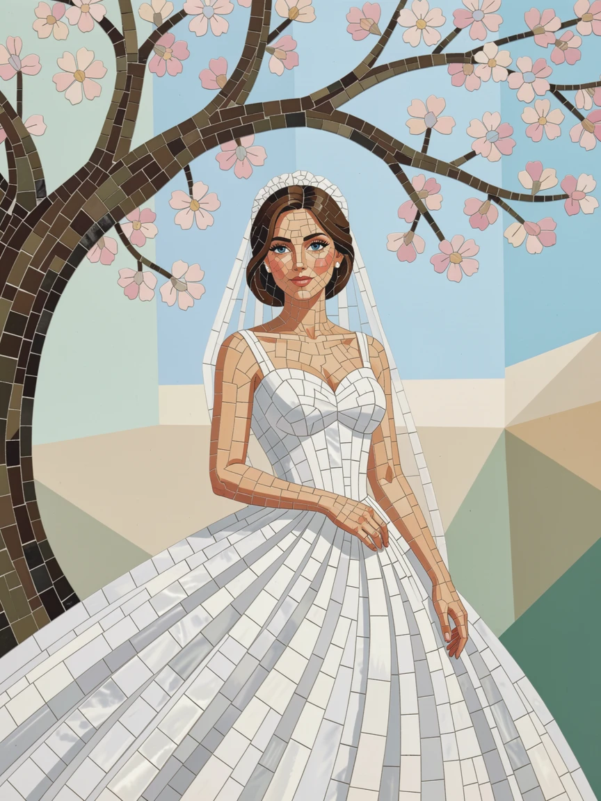 A close-up emotional portrait of a bride in a flowing white gown standing beneath a blossoming tree, with striking eyes and gentle expression.