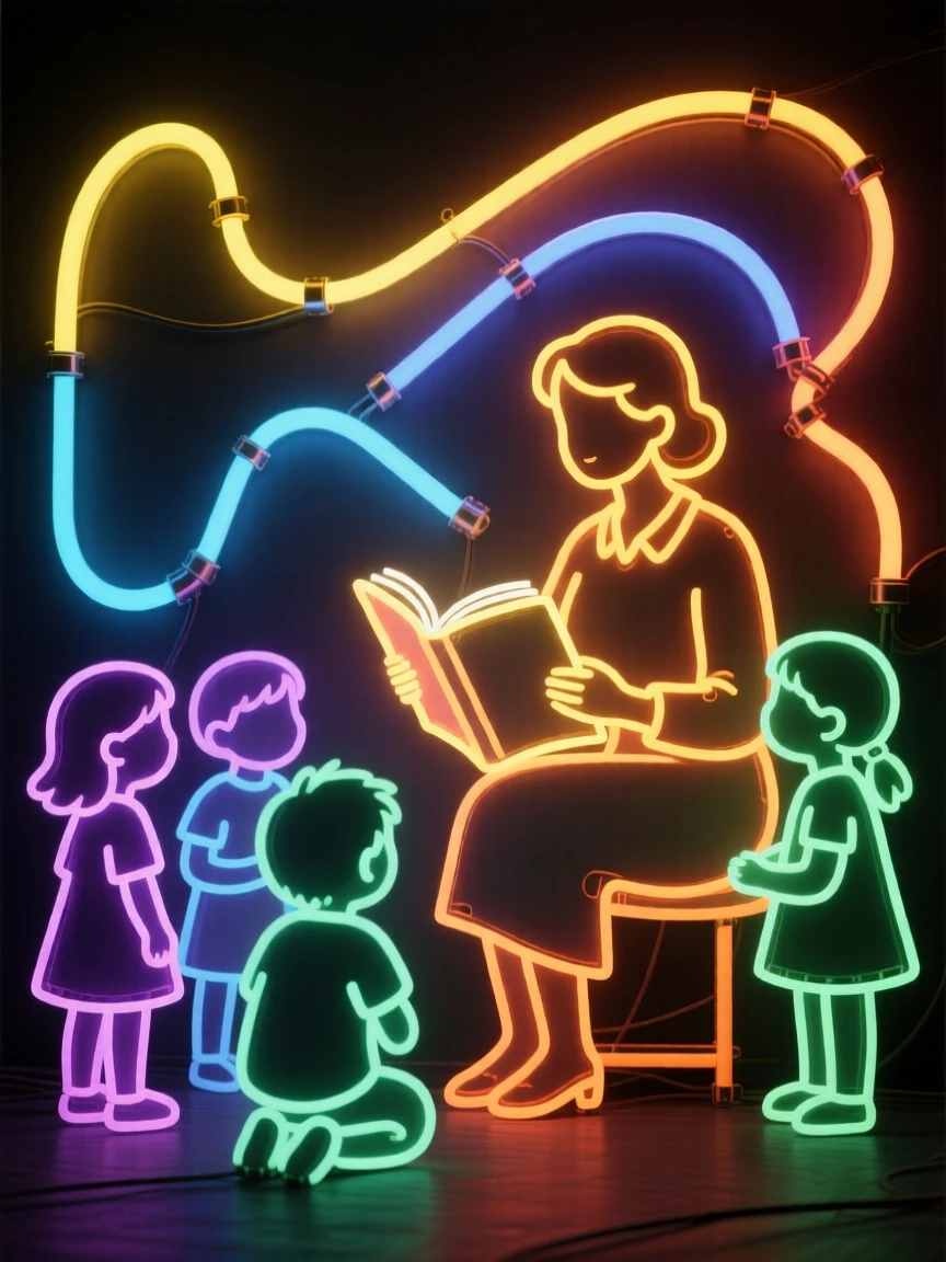 A children's story time with a librarian reading aloud to a group.