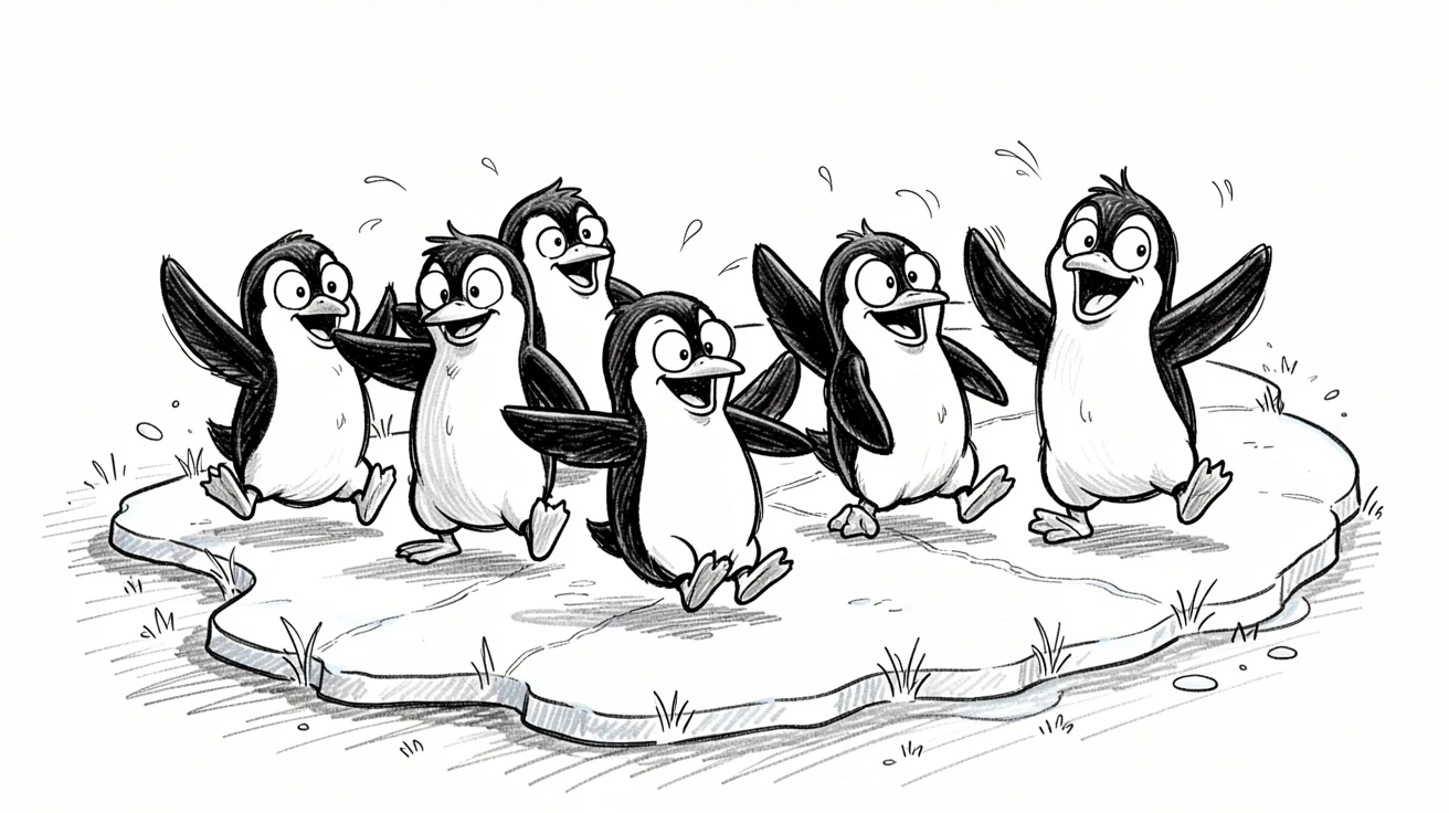 A group of penguins forming a conga line on ice along a winding garden path.