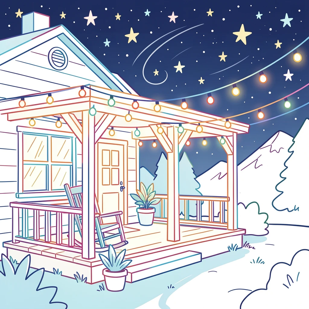 A quiet mountain lodge porch strung with lights against a starry sky.