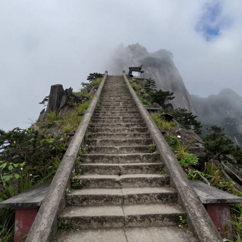 A stone spiral staircase disappears into the clouds atop a remote mountain temple.