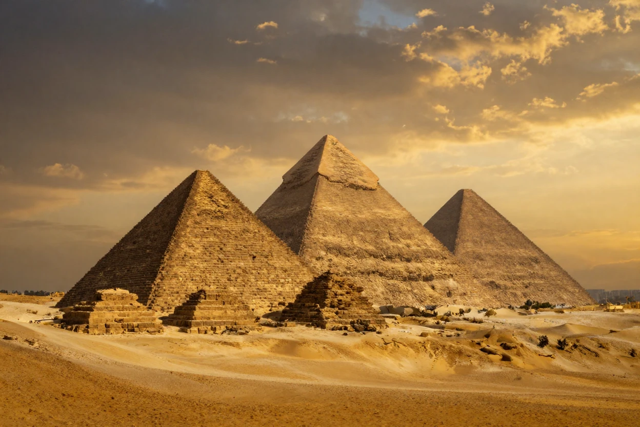The ancient pyramids of Giza standing silently against a golden desert sky